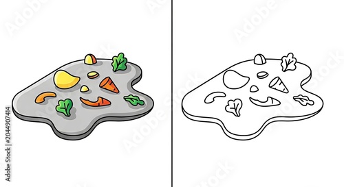 Colorful food waste illustration on grey background with outline version  