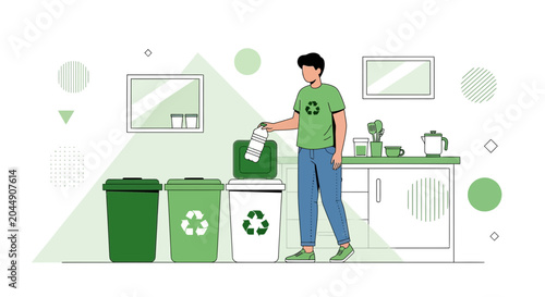 Man Recycling Waste in Kitchen with Green Bins and Recycling Symbols