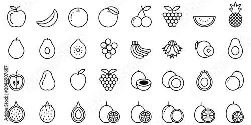 Healthy fresh fruits icon set, natural food symbols, vibrant colors, organic and sweet