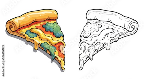 Colorful pizza slice with toppings and a black-and-white outline  