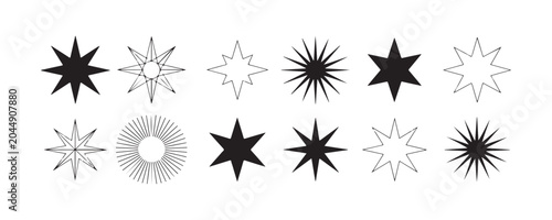 Collection of various star shapes and artistic sparkle symbols in black color for creative design.