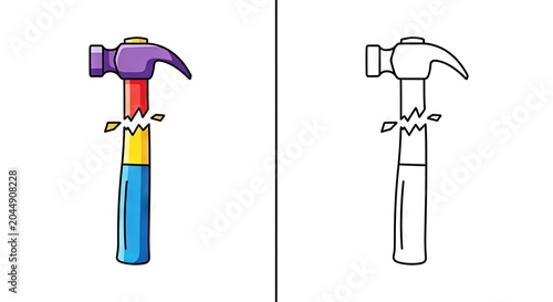 Colorful hammer illustration with outline design on white background  