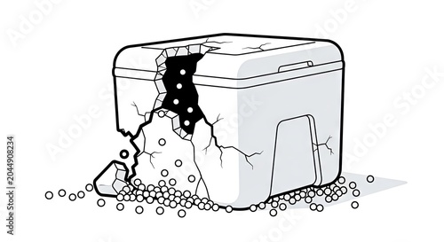 Cracked cooler with broken lid and spilled ice balls on surface  