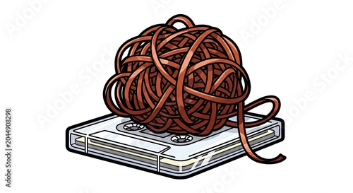 Cassette tape with tangled brown audio tape on white background  
