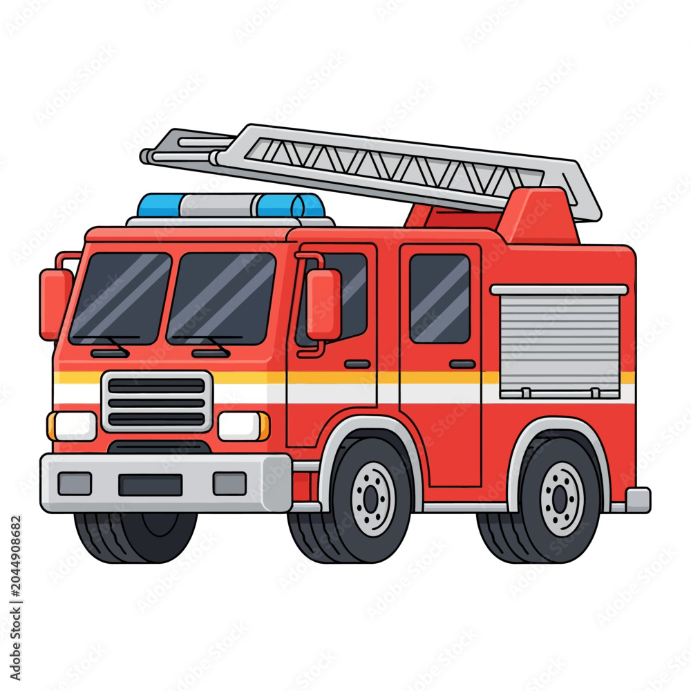 Fototapeta premium Red Fire Truck with Ladder and Blue Lights, Cartoon Style