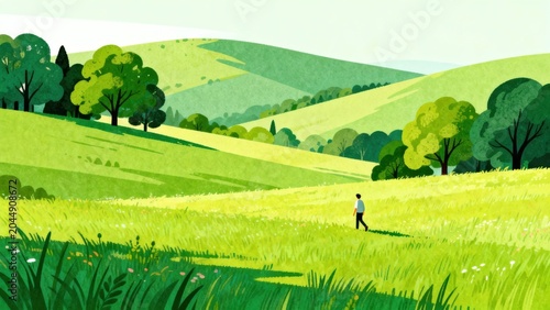 Person walking in green field landscape