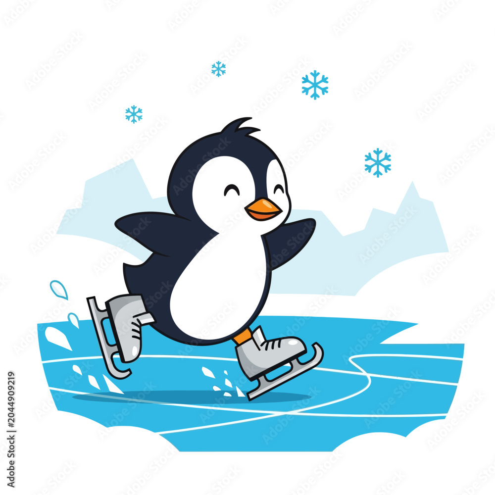 Obraz premium Cute Penguin Ice Skating with Snowflakes and Mountains - Cartoon Style