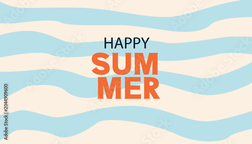 Happy summer typography background with wavy pastel stripes