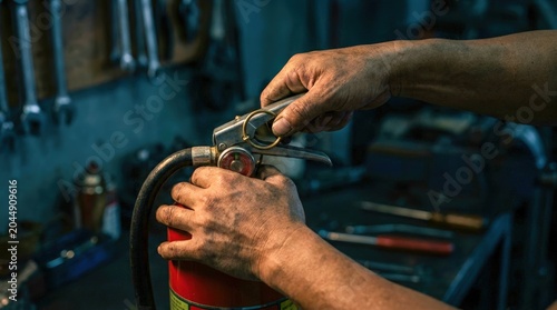 Close-up of a technicians hands inspecting a fire extinguisher for maintenance.