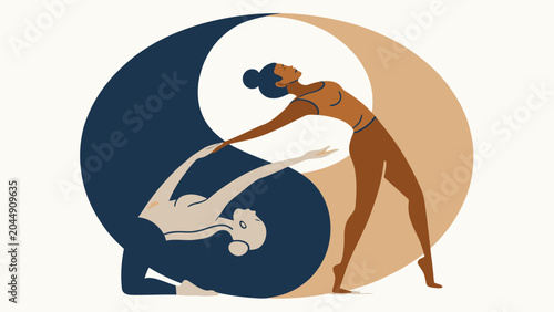 Foto Yin and yang yoga concept illustration with two women practicing poses wellness