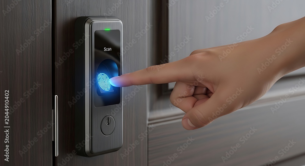 Naklejka premium Person using a finger to scan a fingerprint on a modern smart digital door lock for home security access control