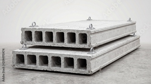 Stack of heavy concrete hollow core floor slabs for construction