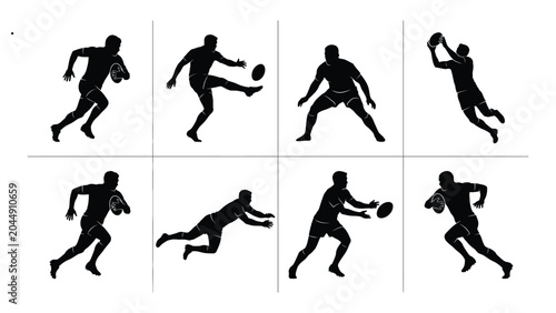 Photos Rugby players performing athletic maneuvers are shown as a series of isolated black silhouettes set against a stark white backdrop
