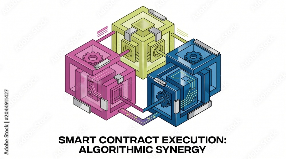 Fototapeta premium Smart Contract Execution: Algorithmic Synergy, a vibrant isometric illustration of interconnected blockchain technology, digital network, and data processing for financial innovation.
