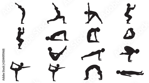 Konstfotografi Various yoga poses in black silhouette on white background for fitness and welln