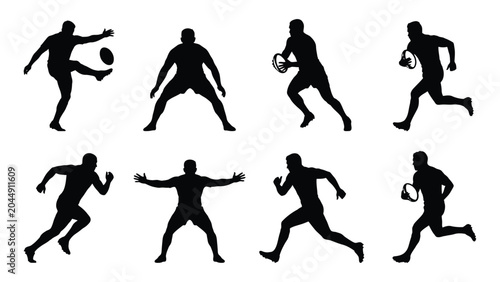 Photos Rugby players are depicted in various dynamic action poses as a collection of black silhouettes on a clean white background
