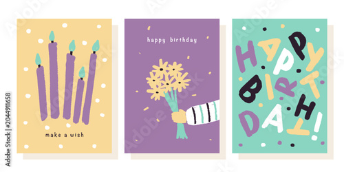 Set of greeting cards for birthday celebration. Hand drawn trendy cartoon cake, happy birthday lettering. Vector illustration