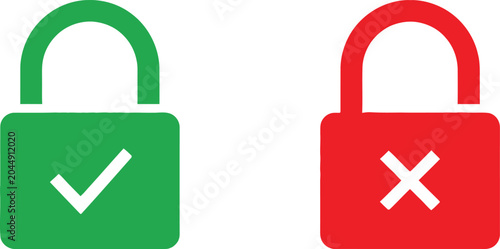 Green locked padlock with check mark and red unlocked padlock with cross sign icon