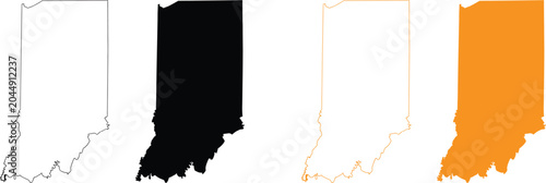 Indiana state map outline and silhouette icons in black and orange colors