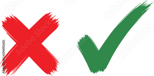 Red cross mark and green check mark symbols painted with rough brush strokes