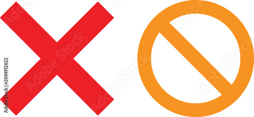 Red cross mark and orange prohibition circle symbol icons for user interface design
