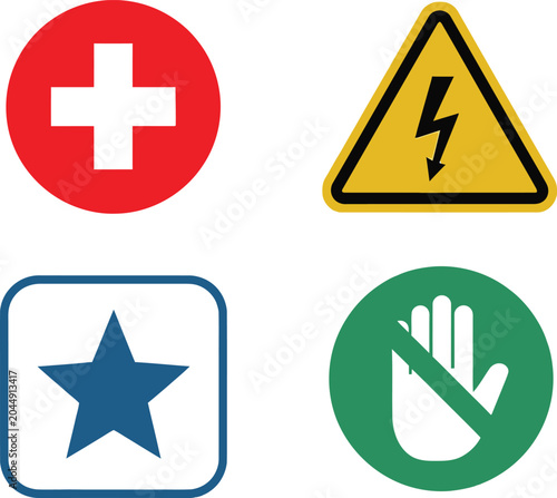 Set of four colorful safety and information signs with medical cross warning star and hand symbols
