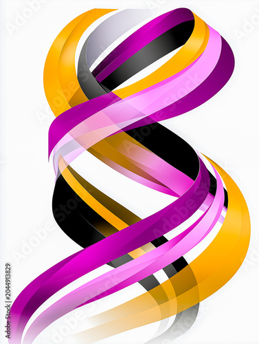 Abstract illustration of colorful swirling ribbons in shades of pink, yellow, black, and white creating a dynamic visual effect on a clean background
