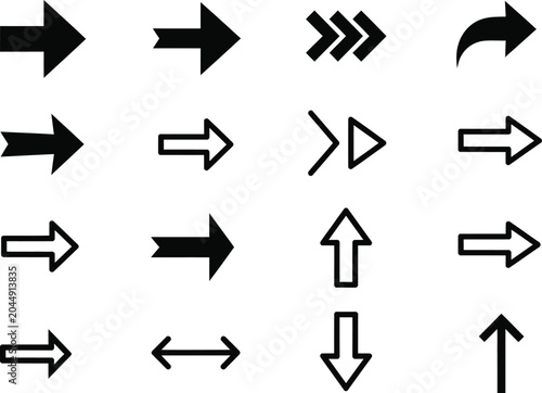 Set of various black and white arrow icons for user interface design and navigation