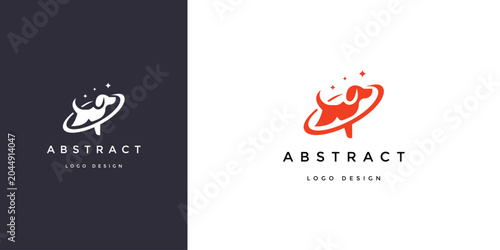 Dog logo design featuring a stylized puppy silhouette within a circular orbit shape with sparkling stars in vector graphic format