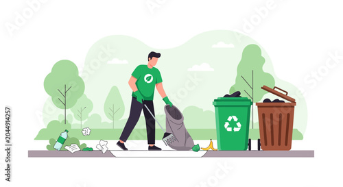 Man Cleaning Park Trash, Recycling Bins, Environmental Protection Concept