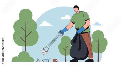 Man cleaning park with trash grabber, collecting litter in garbage bag, environmental protection concept