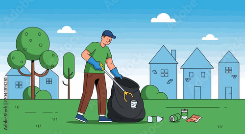 Man Cleaning Park Litter, Community Volunteer Picking Up Trash, Environmental Protection