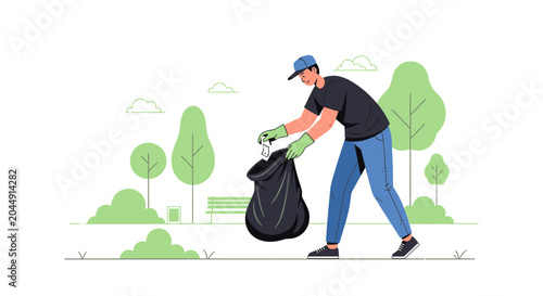 Man Cleaning Park, Collecting Trash in Bag, Environmental Protection Concept