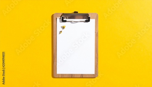 Wooden clipboard with blank paper on yellow background, office stationery concept