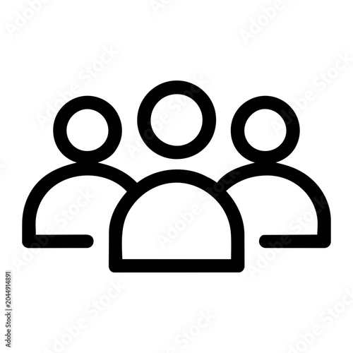 Clean outline icon representing a diverse group of three individuals, symbolizing community, teamwork, and social connection for modern digital interfaces
