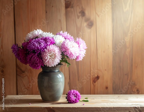 A serene still life of pink and purple flowers in a gray vase on a wooden table against a warm wood-paneled background
