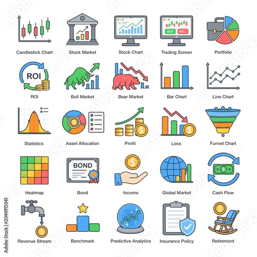 Flat Investment & Analytics Icons Pack – Stock Market and Financial Data Visualization Collection