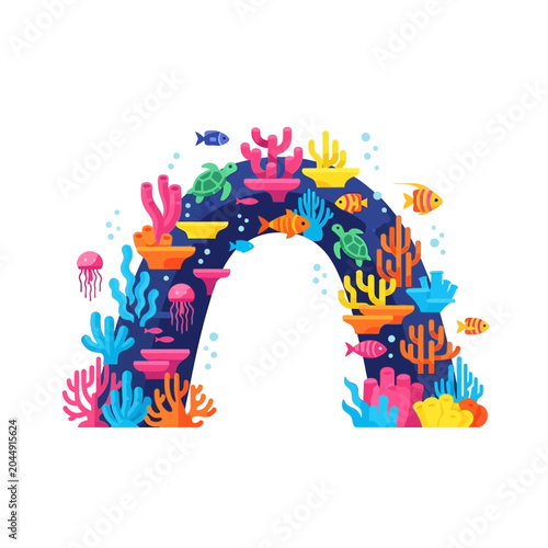 Vibrant Underwater Archway with Marine Life Illustration