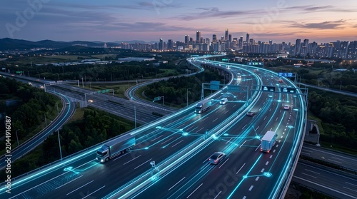Futuristic highway infrastructure featuring intelligent traffic control with connected trucks.