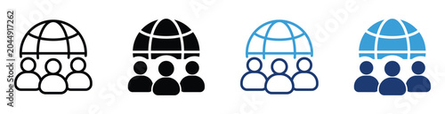 Global community icon set with people silhouettes and world globe isolated on a transparent background