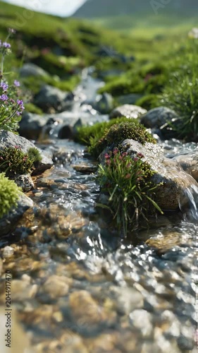 A crystal-clear mountain stream meanders through a vibrant, green alpine meadow, its waters reflecting the dappled sunlight filtering through the sky above.