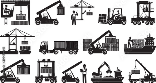 Tableau sur toile Construction and Heavy Equipment Silhouette Collection Featuring Crane Operation