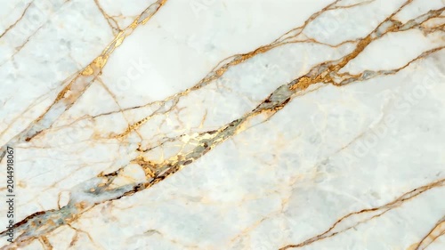 A detailed close-up showcases the intricate veining of luxurious Calacatta marble, featuring a sophisticated interplay of white, grey, and shimmering gold.