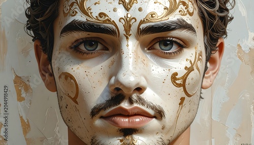 A man with intricate golden designs on his face and forehead