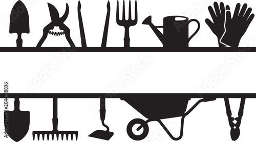 Photos Collection of various black silhouette gardening tools arranged on a shelf for o