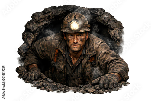 image.png Dirty coal miner wearing a hard hat with glowing headlamp crawls out of a smoky mine tunnel, surrounded by rough rocks, isolated on transparent background