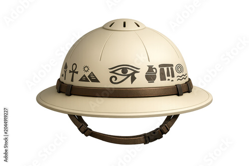image.png Beige safari pith helmet with leather strap and ancient Egyptian symbols, Eye of Horus and hieroglyphic style decorations, isolated on transparent background.