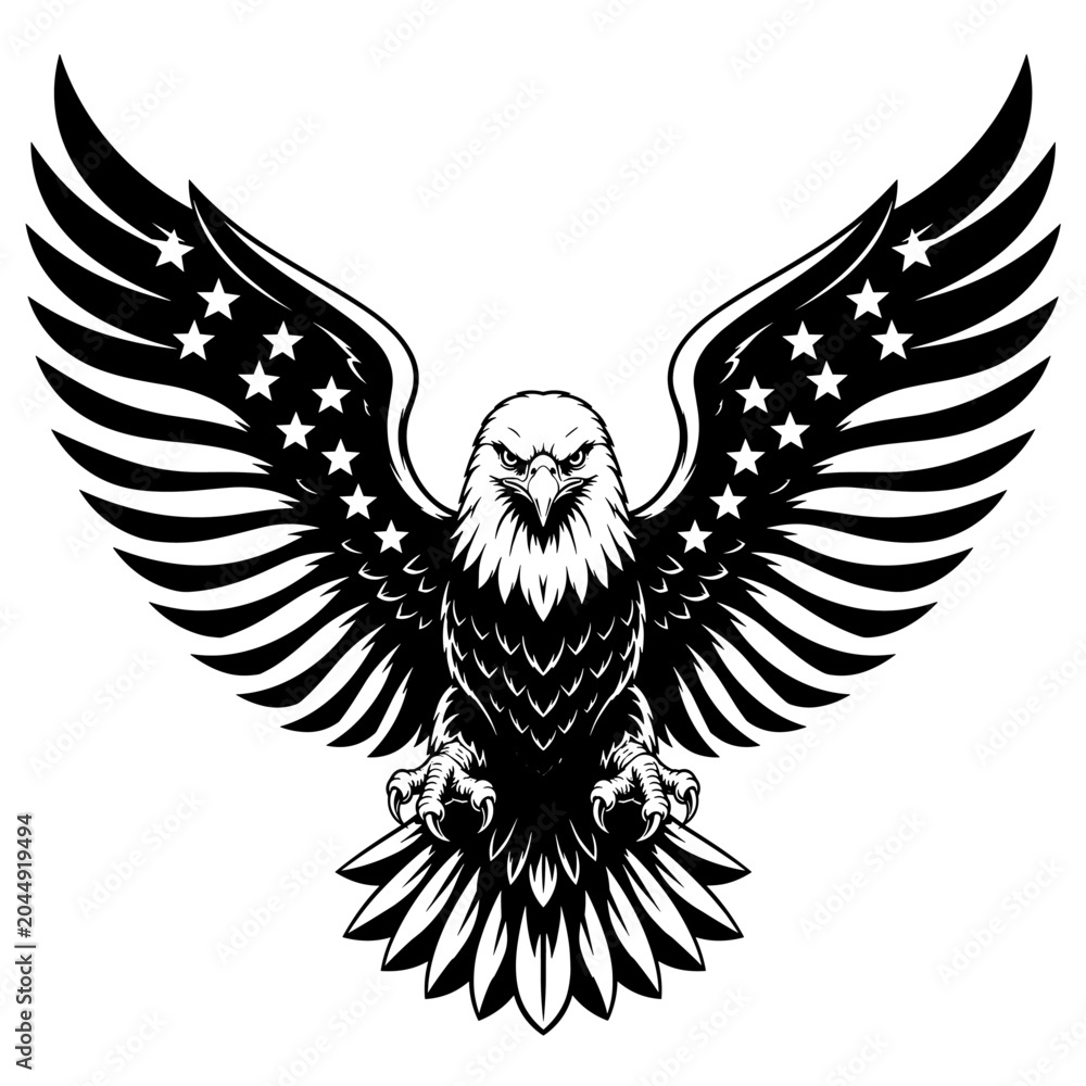 Fototapeta premium Bald Eagle with Starred Wings Monochrome Patriotic Vector
