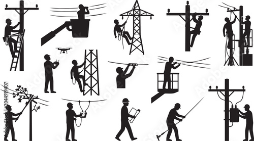 Fotografie Utility Line Worker and Telecommunications Technician Silhouette Set for Power P