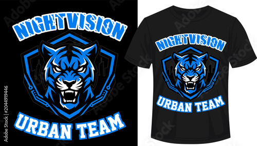 Photography Aggressive blue tiger head with cybernetic shield and city skyline silhouette wi